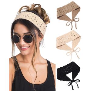 HAIMEIKANG Hippie Hair Bandana Headbands for Women Boho Headband Knit Hair Bands Floral Head Wrap for Women and Girls(Black+Beige+Coffee)