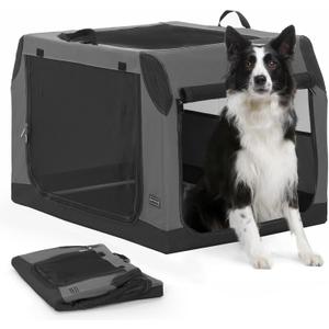 PETSFIT Dog Travel Crate, Soft Sided Dog Crate - 36 Inch Sturdy Adjustable Structure, Easy to Set Up, Collapsible Dog Crate for Car, Light Tough with 3 Mesh Doors Gray