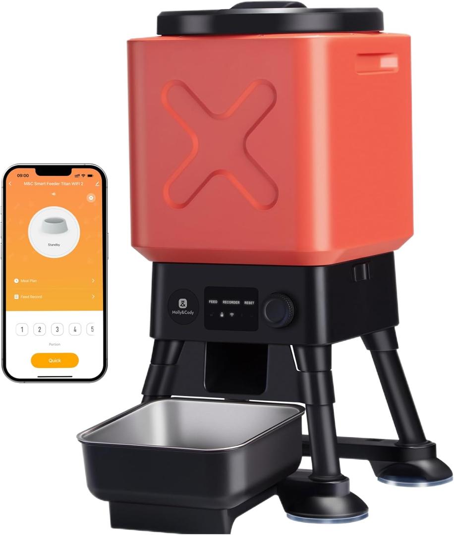 Automatic Dog Feeder for Large Dogs, 14L Capacity, Remote Feeding, Anti-Blockage System, Timed Auto Dog Food Dispenser, 2.4G WiFi App ControlDual Power Supply,Stainless Steel Bowl (Red with WiFi)