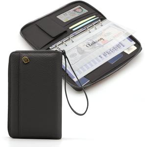 A6 Binder Cash Envelope System Wallet, Money Saving Budget Planner Notebook, 6 Rings Refillable Compact Cash Stuffing Binder, RFID Zipper Planner with Genuine Leather Cover (Black)