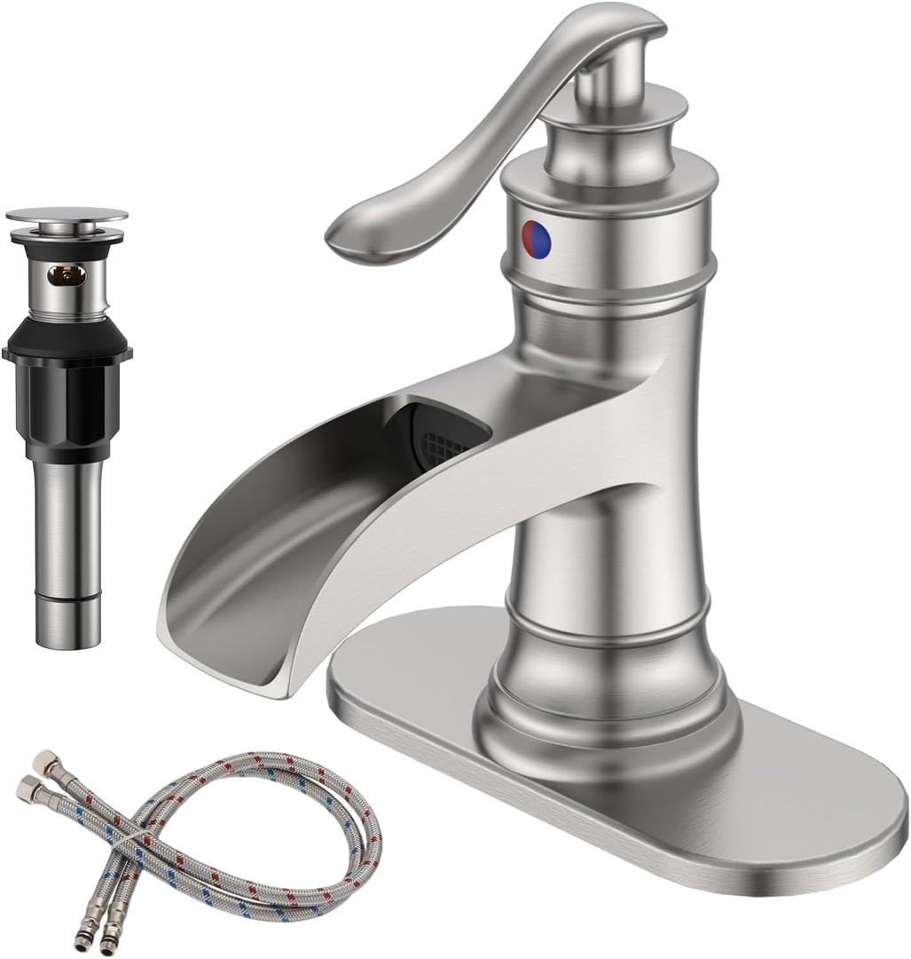 BWE Brushed Nickel Bathroom Sink Faucet 1 Hole, Single Handle Waterfall Bathroom Faucet with Pop Up Drain and Hoses, Lead-Free Vanity Faucet for Home or Commercial Use, Brass Construction