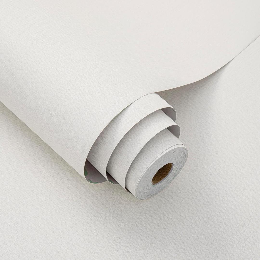 24"x393" White Grasscloth Peel and Stick Fabric Textured Contact Paper Linen Wallpaper Vintage Matte Frosted Waterproof Flax Seagrass Wallpaper for Bedroom Bathroom Kitchen (Off-White)
