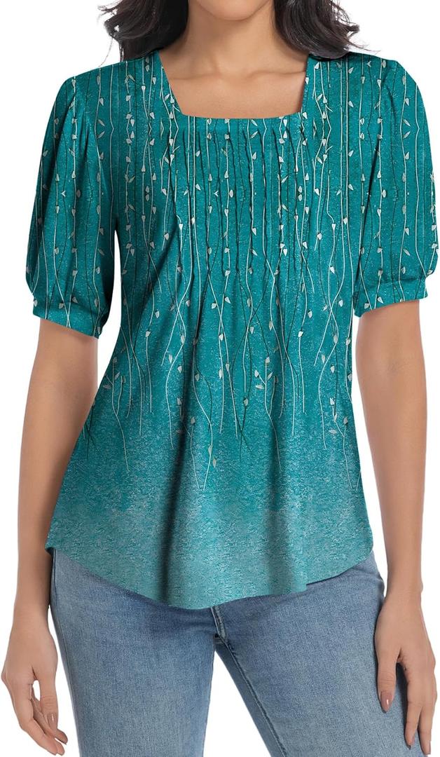 T Shirts for Women Casual Pleated Square Neck Dressy Blouses Puff 2025 Short Sleeve Summer Tops Loose Fit (Medium), S