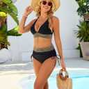 Blooming Jelly Women High Waisted Bikini Sets Tummy Control Swimsuits Color Block Two Piece Drawstring Bathing Suit (Black, M)