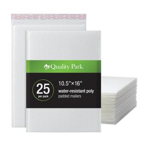 Quality Park Large Bubble Mailers, 10.5 x 16 Inch, White Poly Mailers, Padded Envelopes, Water Resistant, Self Seal Closure, 25 Per Box (QUA85925)