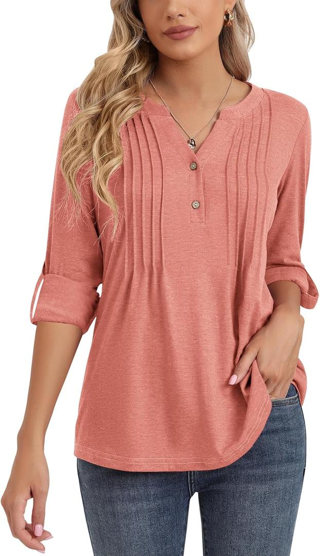 Bashafo 3/4 Sleeve Tops for Women V Neck Henley Long Sleeve Dressy Casual Shirts Ladies Loose Button-up Blouses Tunic (XX-Large)