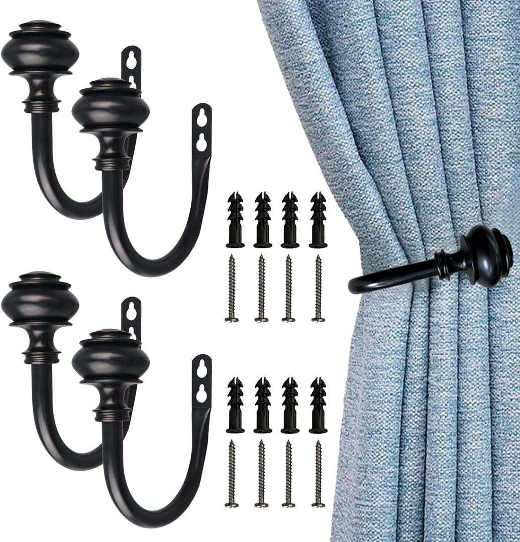 4Pcs Curtain Holdbacks - Wall Mounted Drapery Tiebacks with Screws, Decorative Curtain Holders for Bedroom Livingroom Office Home, Black