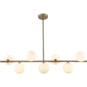 BOKT Brushed Brass Gold Sputnik Chandelier Mid Century Modern Globe Linear Pendant Light 7-Light White Glass Globe Round Chandelier Kitchen Island Dining Room Light Fixture