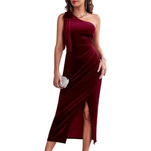 Wenrine Women's One Shoulder Velvet Dresses Slim Fitted Slit Faux Wrap Sexy Bodycon Evening Dress (Red) Small 