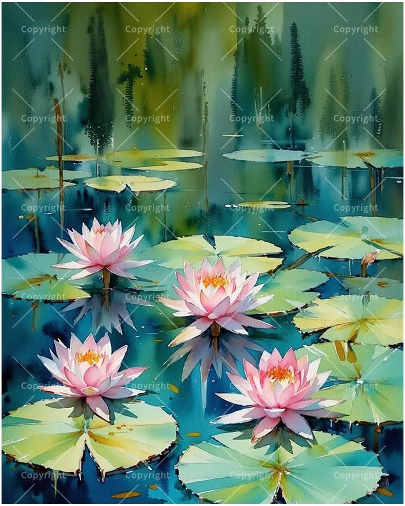 Flowers Paint by Numbers Kit for Adults - DIY Lotus Flowers on Water Painting on Canvas, Acrylic Paint Set, Suitable for Beginners, Nature Art for Home Decoration or Gifts(8X12IN Framed)