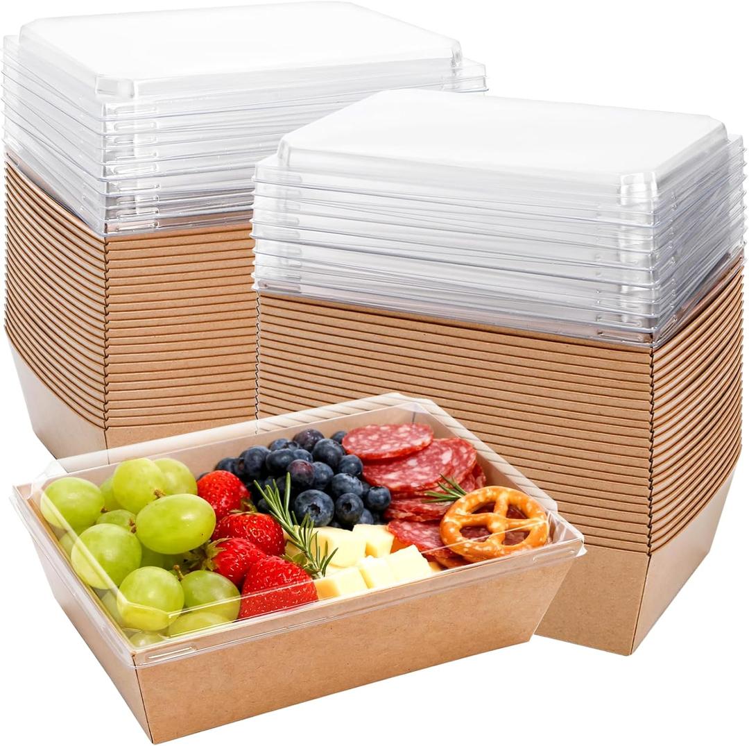 Hiceeden 50 Pack Charcuterie Boxes with Clear Lids, 8.4"5.7"2.8" Paper Bakery Dessert Sandwich Box, Disposable Large Food Containers for Cookies, Donuts, Muffins, Salad, and Pastry, Brown