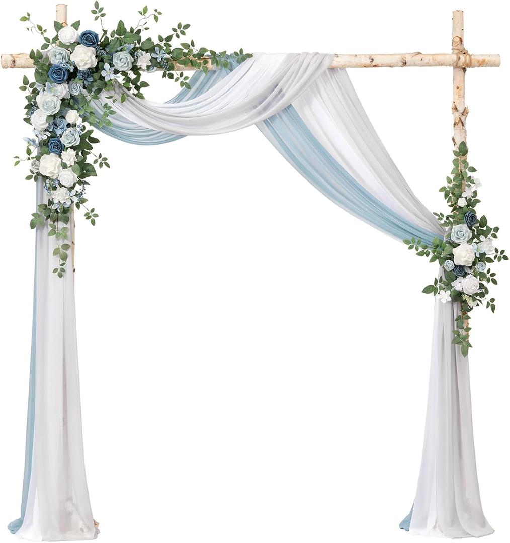 Ling's moment Artificial Wedding Arch Flowers with Drapes Kit-Pack of 5, 2pcs Flower Arrangements 3pcs Hanging Sheer Drapes Sage Ceremony Arbor Backdrop Rose Floral Decorations, Dusty Blue