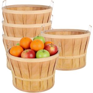 5 Pack Jumbo Half Bushel Baskets 14 x 9.5 Inch, Large Natural Wooden Harvest Apple Baskets with Handles for Harvest Fruit Plants, Farmers Market, Produce, and Home Storage Use