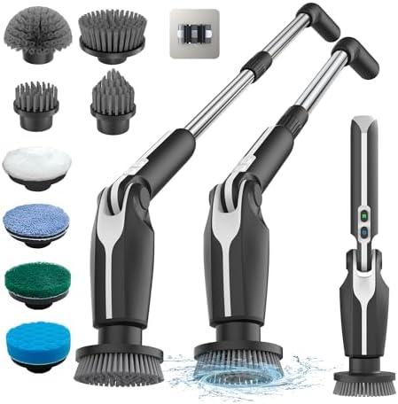 Leebein Electric Spin Scrubber, Shower Scrubber with 4 Adjustable Angles and 8 Brush Heads, Electric Scrubber with Long Handle & Remote Controller, Cleaning Brush for Bathroom, Tub, Floor (Black)