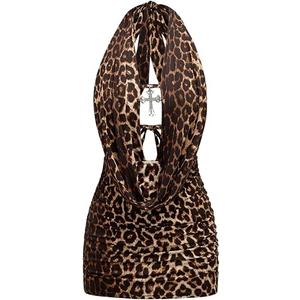SOLY HUX Women's Leopard Halter Mini Dress Cheetah Print Deep V Neck Draped Sleeveless Ruched Bodycon Party Club Dresses