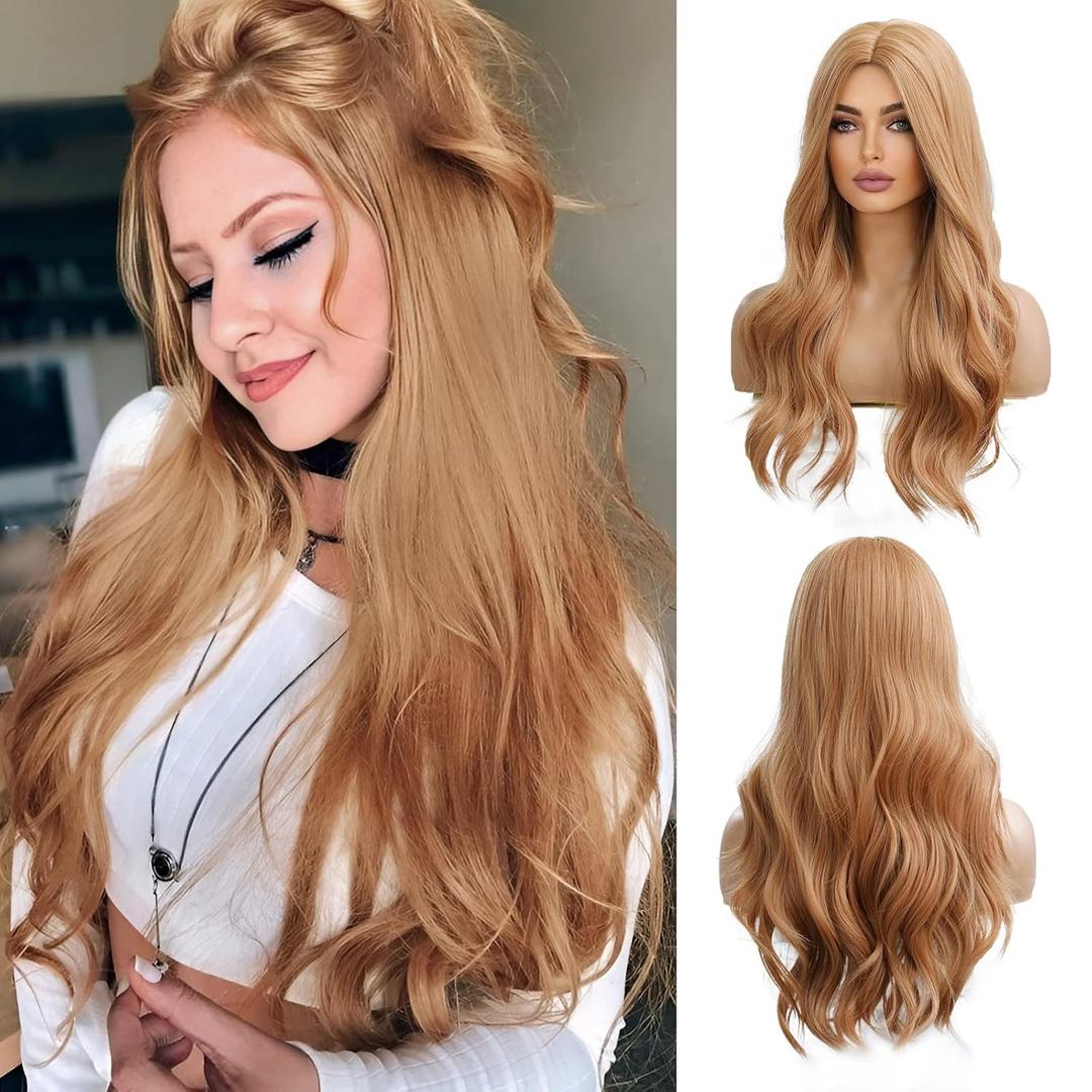 Long Wavy Strawberry Blonde Wigs for Women Natural Synthetic Hair Heat Resistant Wigs for Daily Party Cosplay Wear-24 Inches