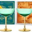 Colored Coupe Art Deco Glasses Gold | Set of 2 | 12 oz Classic Cocktail Glassware for Champagne, Martini, Manhattan, Sidecar, Crystal Speakeasy Style Goblets Stems, Vintage Blue, Teal, Green