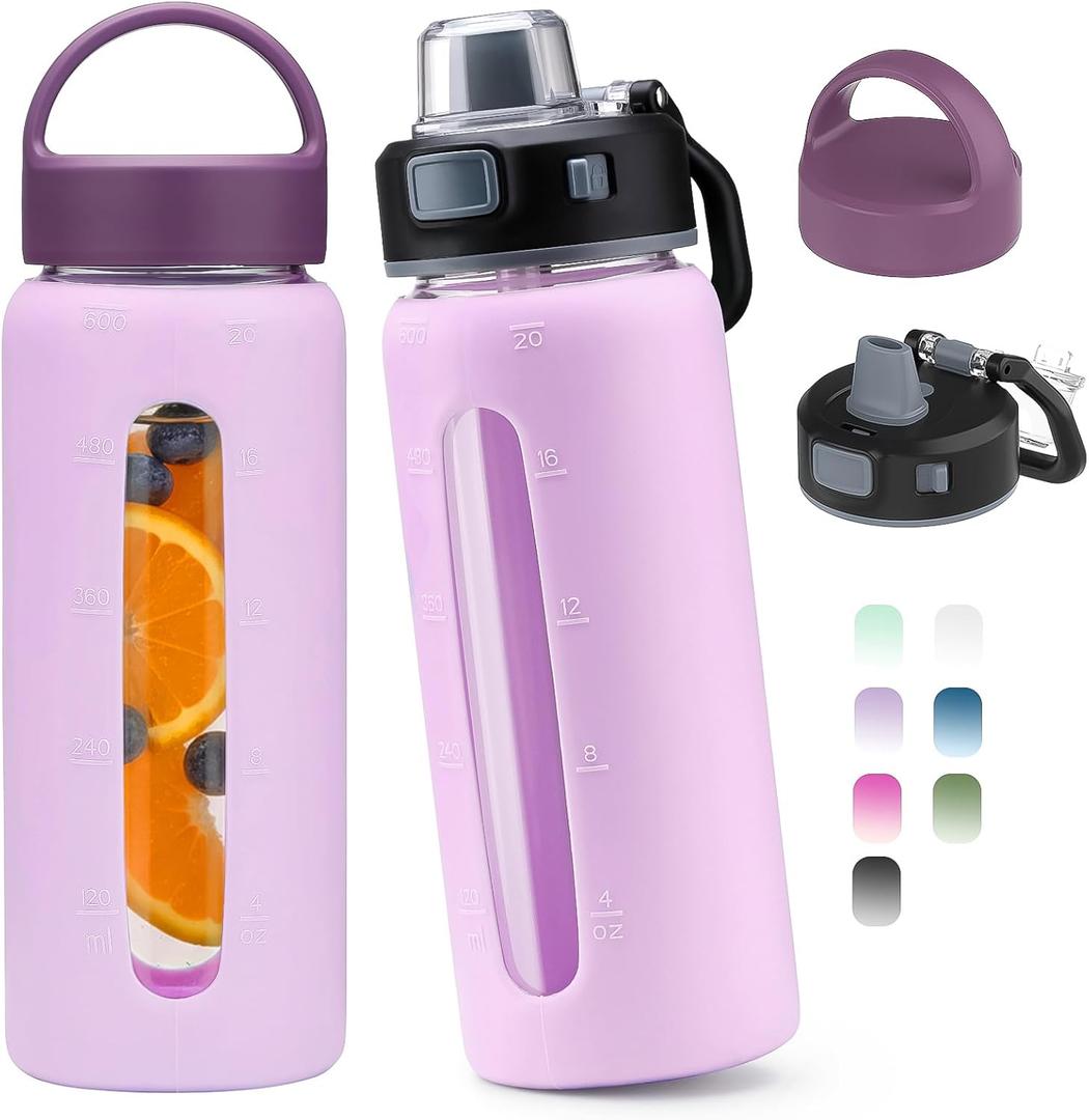 Kodrine 20oz Glass Water Bottle with Straw-2 Lids-Iced Coffee Cup with Silicone Sleeve & Time Marker, Reusable Glass Drinking Bottle for Home,Office,Outdoors, Cupholder Friendly-Light Purple