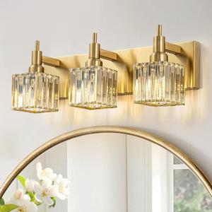 Gold Bathroom Vanity Lights - 3 Lights Crystal Bathroom Lighting Fixtures Over Mirror Modern Gold Crystal Wall Light (Gold-Square Shade)