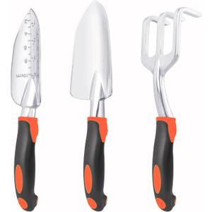 Garden Tools Set, 3 Pack Heavy Duty Gardening Tools Set Include Garden Shovel, Transplant Trowel and Hand Rake with Ergonomic Handle, Aluminum Alloy Lawn for Planting, Orange