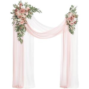 Ling's moment Pink Artificial Wedding Arch Flowers Kit Pack of 4, 2pcs Hanging Flower Arrangement 2pcs Chiffon Drapes Ceremony Reception Spring Silk Rose Arbor Backdrop Floral Garden Outdoor Decor