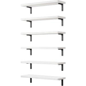 White Floating Shelves Set of 6 for Wall Decor, 16.5 Inch Floating Shelves for Bedroom, Bathroom, Living Room, Kitchen, Wood Wall Shelves with Brackets and Hardware Shelf Wood Plate Wood Bracket, 16.5 inches x 6 inches x 0.6 inches