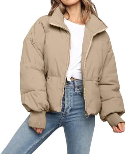Women’s Winter Cropped Puffer Jacket Coat Casual Quilted Baggy Long Sleeve Zip Down Jackets Outerwear (US, Alpha, XX-Large, Regular, Regular, Khaki)