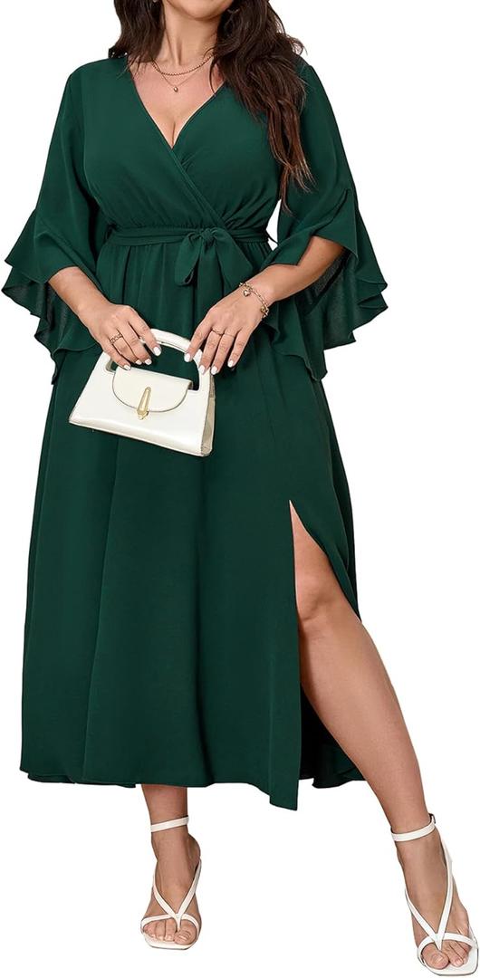 Womens Plus Size Dress Wedding Guest Cocktail Ruffle Half Sleeve Wrap V Neck Slit A Line Maxi Dresses with Belt (Green)