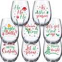 Umigy 8 Pcs Christmas Wine Glasses Xmas Stemless Wine Glass Christmas 15 oz Snowflake Winter Let It Snow Leaf Berry Glasses for Party Friend Family Holiday Birthday Decoration(Words) (Red Green)