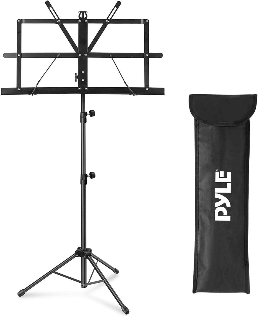 Pyle Portable Music Stand Holder - Sturdy and Adjustable Height Tripod Base Metal Music Stand, Foldable & Retractable, Lightweight & Compact for Storage or Travel with Carrying Bag Pyle Portable Music Stand Holder - Sturdy and Adjustable Height Tripod Base Metal Music Stand, Foldable & Retractable, Lightweight & Compact for Storage or Travel with Carrying Bag