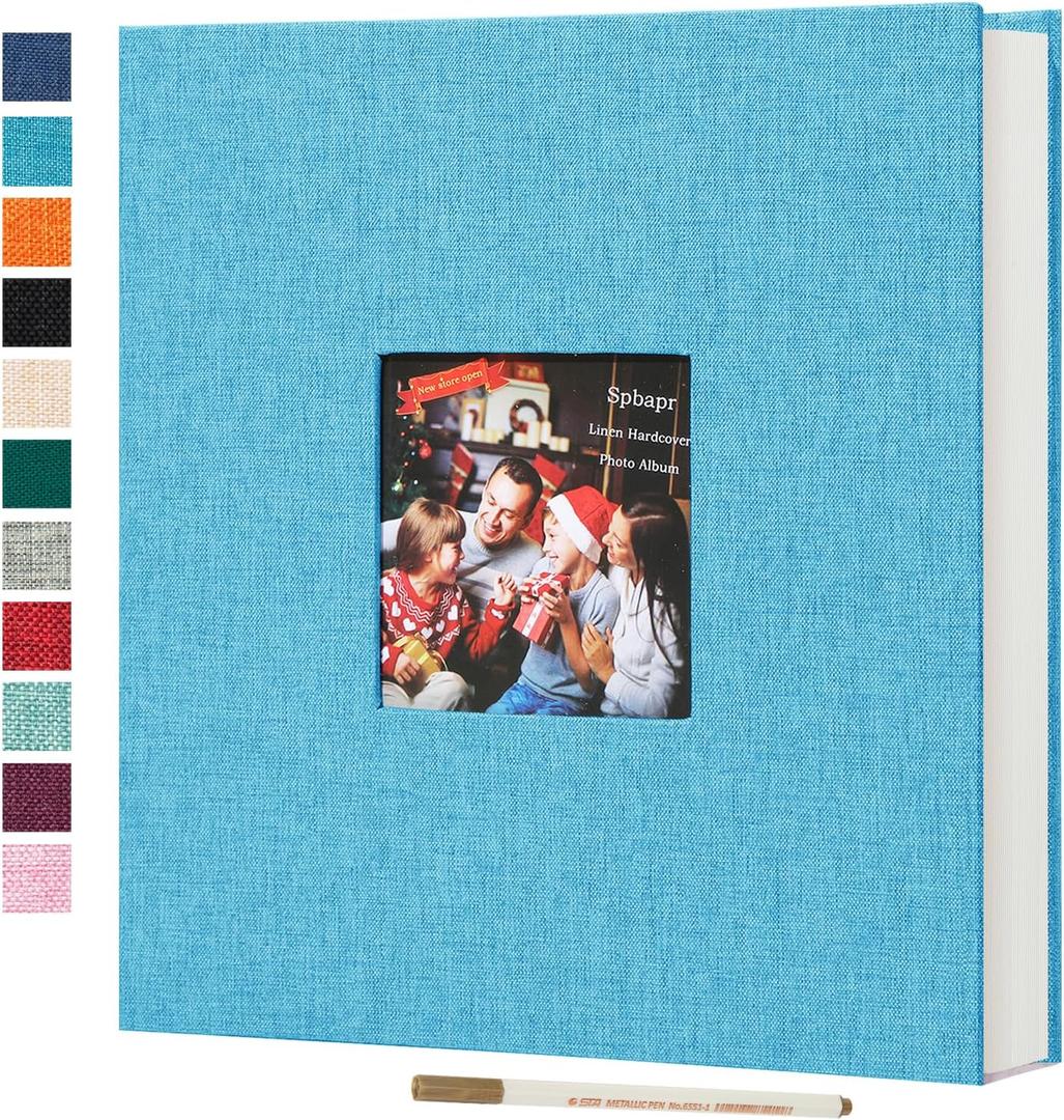 Spbapr Large Photo Album Self Adhesive 60 Pages Linen cover DIY Magnetic Scrapbook album with A Metal Pen Holder,  (Sky Blue, 13.2''x12.8'' 60pages)