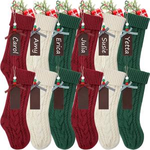 KaKaPops Christmas Stockings, 18 Inches Christmas Stocking with Name Tags Cable Knitted Stocking Decorations for Holiday Party Decor (4pcs Burgundy + 4pcs Green + 4pcs Ivory)