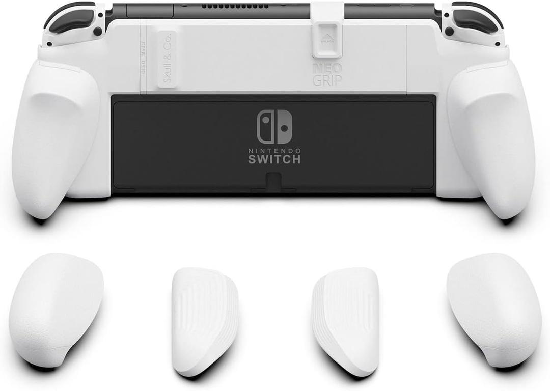 Skull & Co. NeoGrip: an Ergonomic Grip Hard Shell with Replaceable Grips [to fit All Hands Sizes] for Nintendo Switch OLED and Regular Model [No Carrying Case] - White