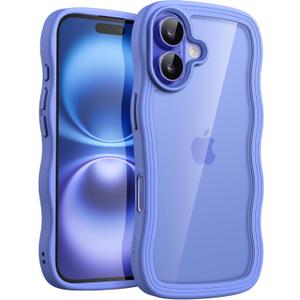 JETech Wavy Case for iPhone 16 6.1-Inch, Cute Wave Frame Curly Shape Shockproof Phone Cover for Women and Girls, Clear Hard PC Back (Ultramarine)