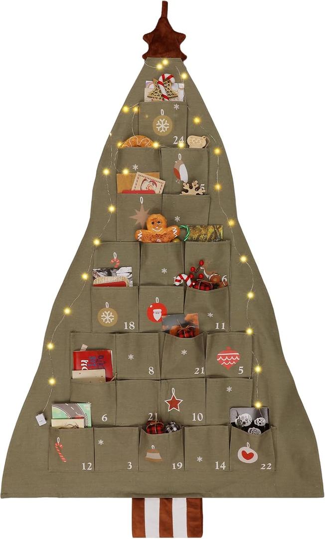 SATINIOR Fabric Christmas Advent Calendar with Pockets Xmas Tree Empty Cloth Advent Calendar to Fill 24 Days Reusable Natural 24 Days Countdown Hanging Storage Bag for Home Xmas Countdown Decoration