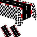 WNINK 2 PCS Racing Car Theme Tablecloths Car Disposable Plastic Tablecloths Black Checkered Flag Table Covers Racetrack Rectangular Tablecloth for Race Car Birthday Party Decorations, 54 x 108 Inch