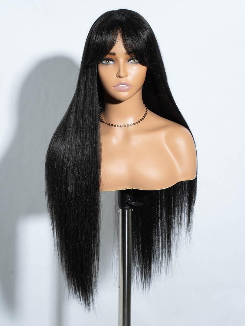 Long Wig With Bangs Long Yaki Straight Wig With Curtain Bangs 30 Inch Black Synthetic Hair Wig Natural Looking For Party Cosplay Daily (1B)