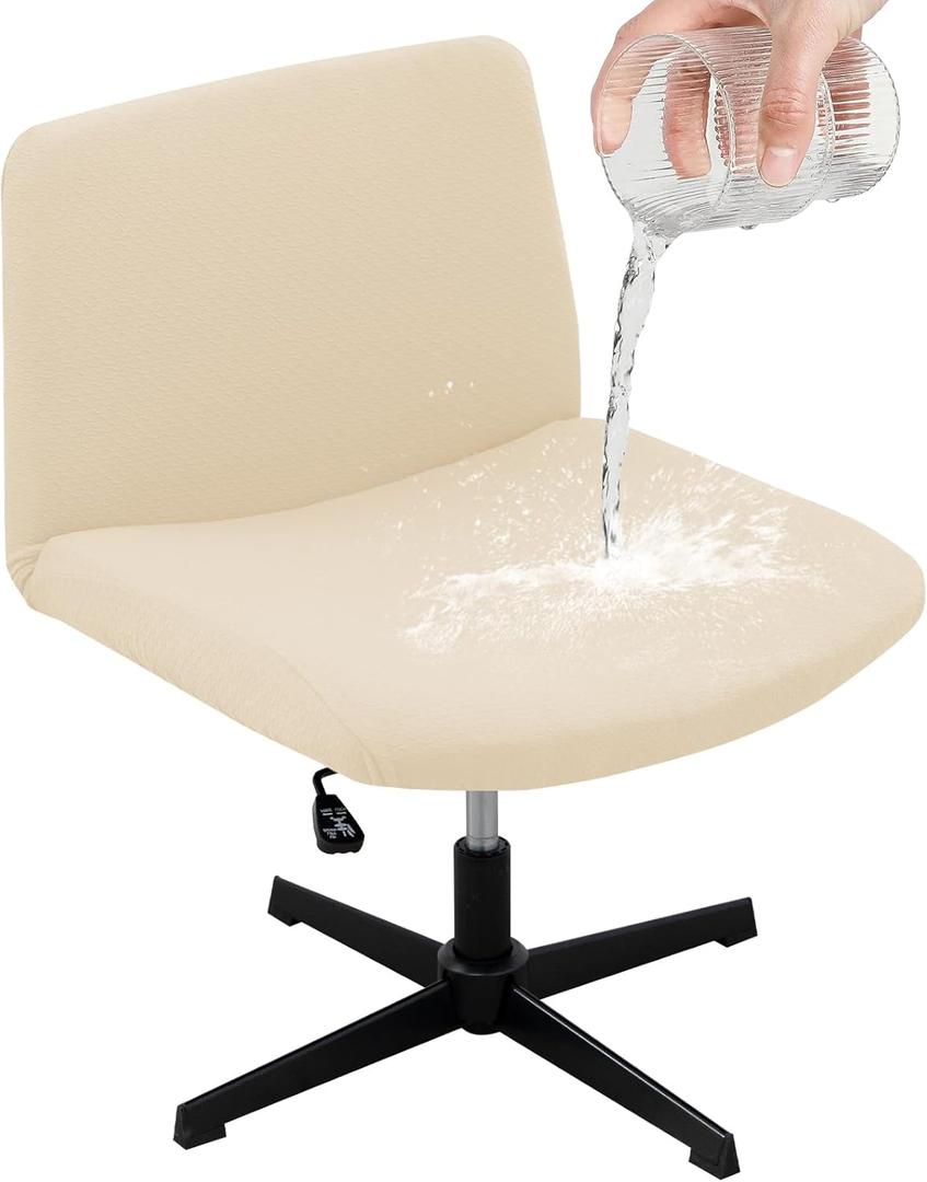 Armless Office Desk Chair Cover Stretch Waterproof Jacquard Wide Seat Mid Back Accent Chair Slipcover Criss Cross Chair Modern Vanity Chair Protector Cover (Beige White)