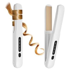 Cordless Hair Straightener and Curler, 2 in 1 Portable Mini Flat Iron & Curling Iron, Fast Heating & Titanium Plate Straightener with 4 Adjustable Temp,Travel Size Preferred Gifts