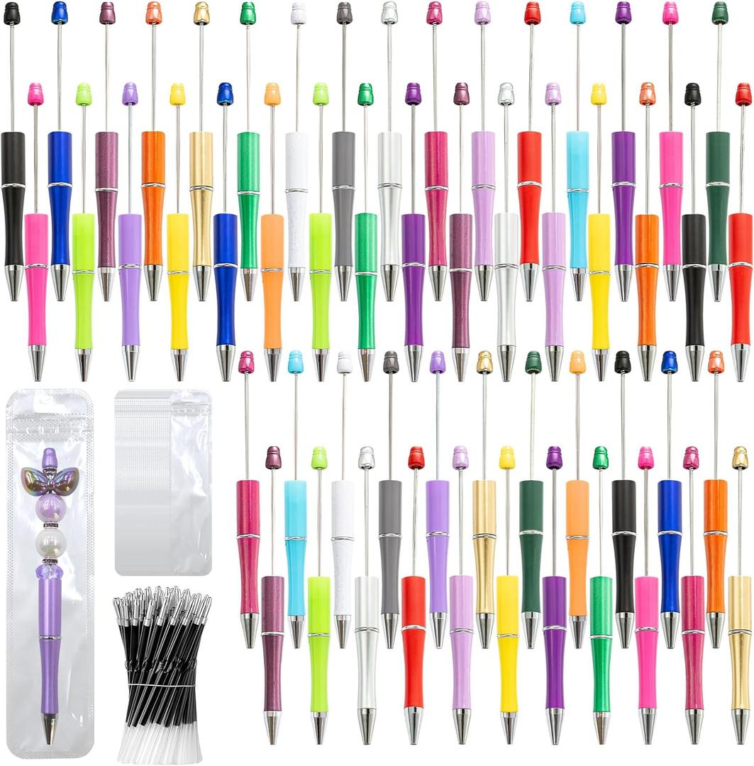 150 Pieces DIY Beadable Pen Kit  50 Plastic Ballpoint Pens with Refills & Bags, Beads Not Included  School Supplies, Office Accessories & Craft Gifts for Students & Teachers (Multicolor)