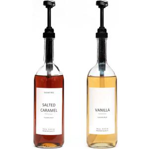 Demi's Home 25.4 oz 750 ml Glass Coffee Syrup Dispenser for Coffee Bar - 2 Pack - Comprehensive Label Set & oz Pumps Included