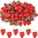 100 PCS 2.2 Inch Fake Strawberries, Artificial Red Strawberry Decor Realistic Fake Fruit Strawberries Lifelike Faux Strawberry Simulations for Photography Prop Kitchen Cabinet Party Cake Decoration