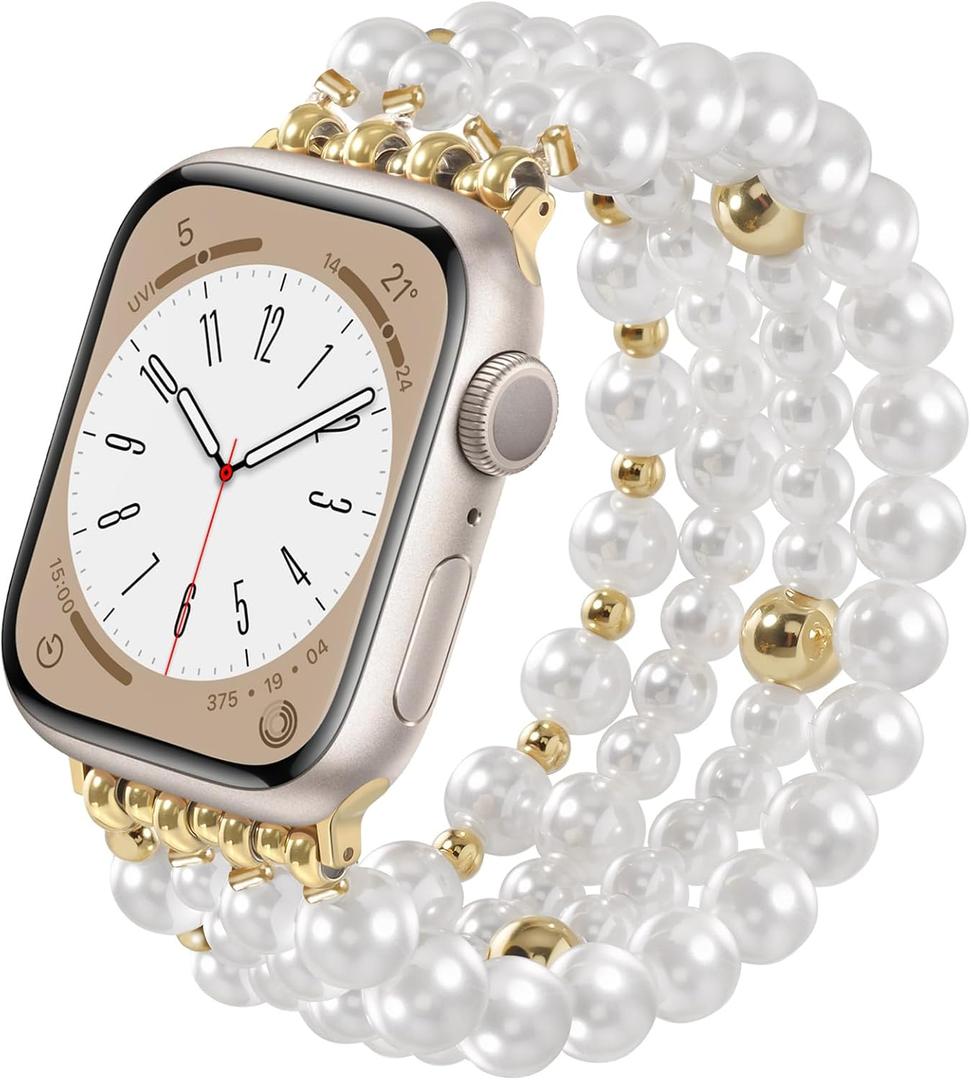 V-MORO Compatible with Apple Watch Band Pearl Series 11/10/9/8/7 46mm 45mm 44mm 42mm Women Fashion Handmade Beaded Elastic Strap Dressy Stretch Bracelet for iwatch SE Series 6/5/4/3/2/1-White/Gold