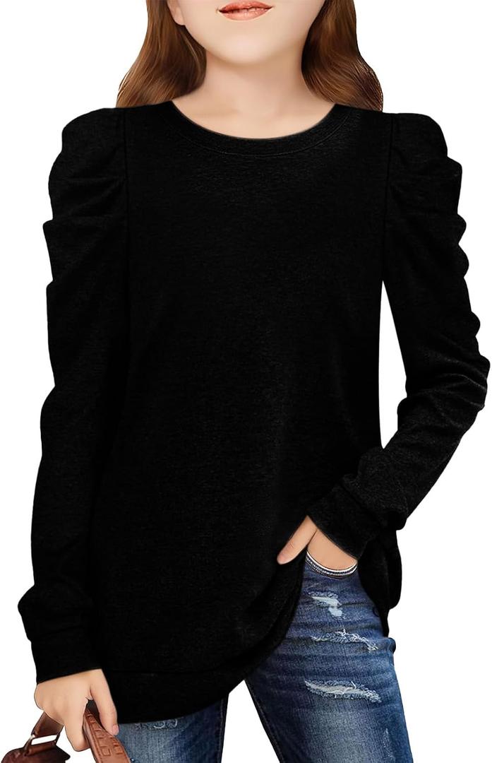 Girls Puff Sleeve Cute T Shirts Kids Fall Tops Crewneck Clothes Loose Fit 5-14Y (Black)