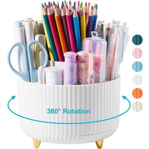 Desk Pencil Pen Holder - 5 Slot 360 Degree Rotating Desk Pen Organizer for Desktop Storage Stationery Supplies Cup Pot - White