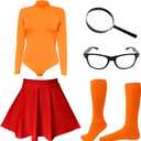 Halloween Costume for Women, Sexy Long Sleeve Leotard Turtleneck Tops Bodysuit, Skater Skirt, Magnifying Glass, Socks and Glasses (Orange&Red, Medium)