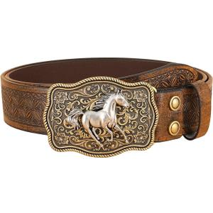 BEAUDRM Women's Western Country Belt Metal Buckle Faux Leather Belts Floral Waist Cowgirl Outfits (Light Brown)