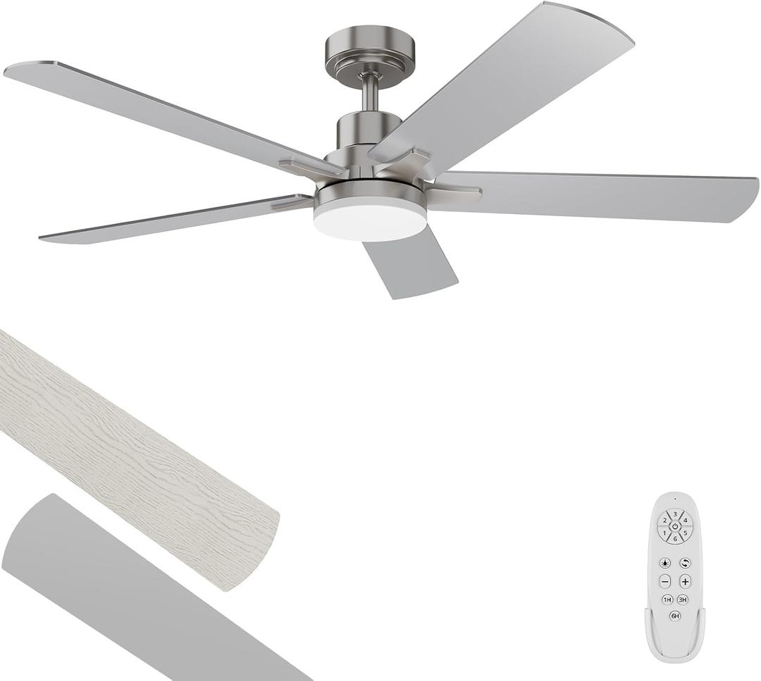 Ceiling Fan With Light 52-Inch, Remote Control Reversible DC Motors, 3CCT Dimmable Timer Noiseless, Nickel Ceiling Fan for Bedroom Living Room, Indoor&Outdoor ETL Listed
