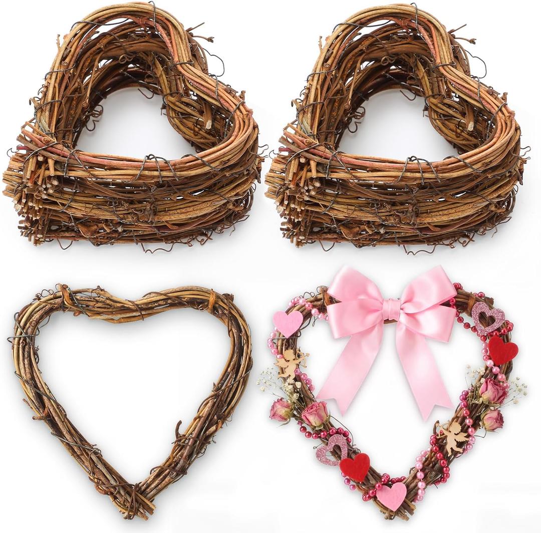18 Pcs Valentine's Day 4" Heart Shaped Grapevine Wreath Wooden Heart Wreath Frame Natural Rattan Vine Branch Love Ring Rustic Wicker Wall Hanging Decor for DIY Crafts Wedding Christmas Party