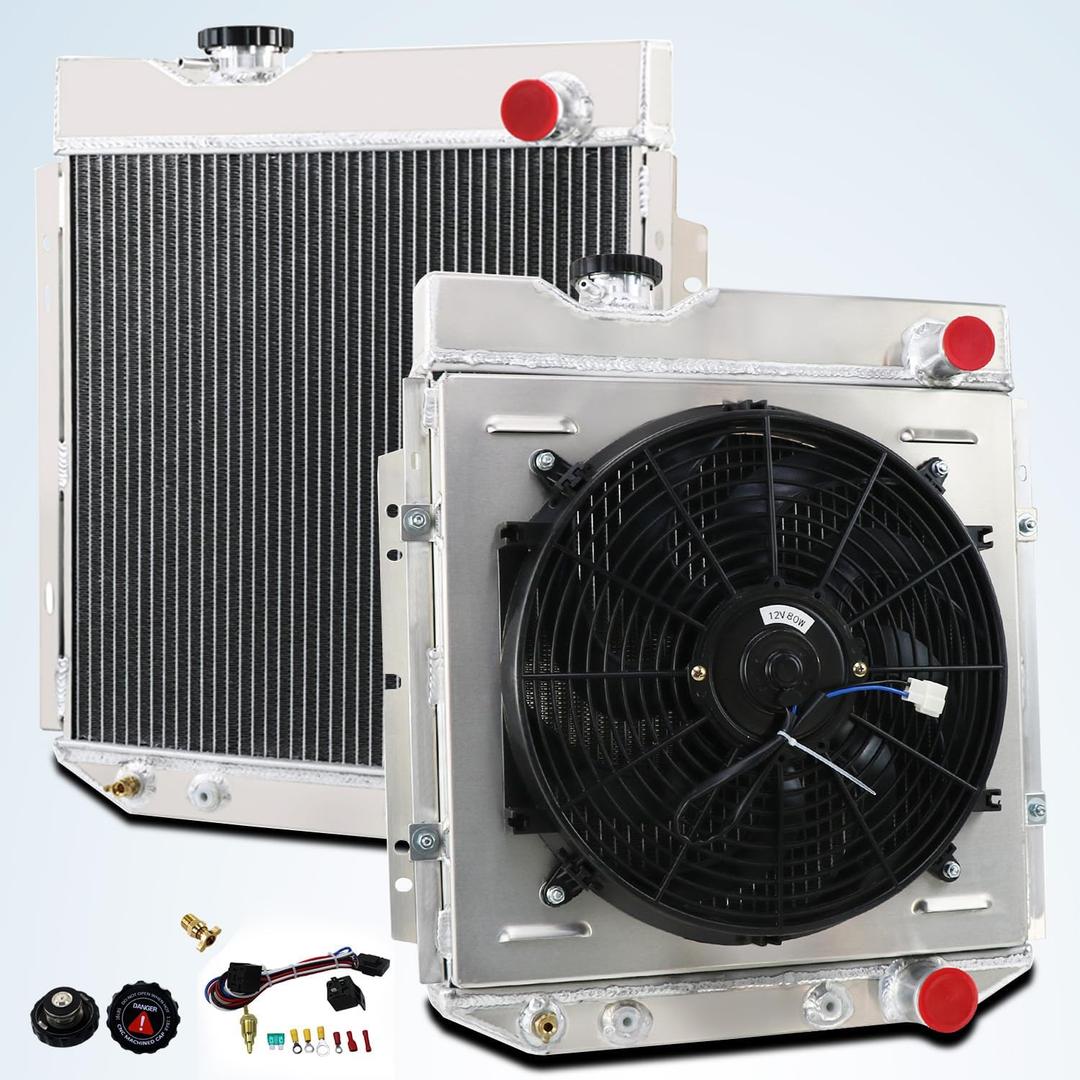 CC259 4 Row Core All Aluminum Radiator Shroud Fan Compatible With 1964-1966 Ford Mustang Falcon Mercury Comet V8 4.3L 4.7L